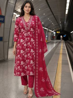 women floral printed thread work  silk kurta with trousers & dupatta 1