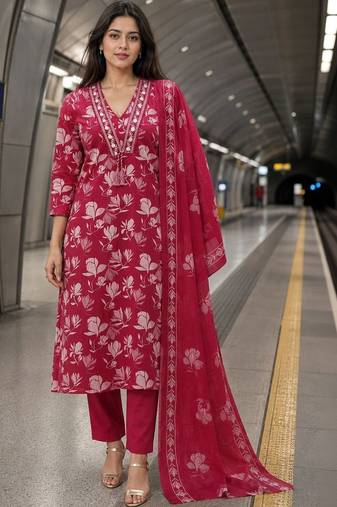 women floral printed thread work  silk kurta with trousers & dupatta