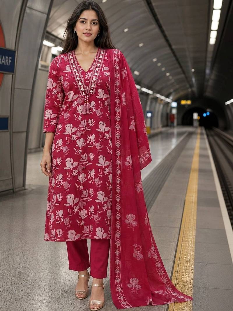 women floral printed thread work  silk kurta with trousers & dupatta