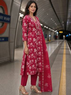 women floral printed thread work  silk kurta with trousers & dupatta 2