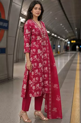 women floral printed thread work  silk kurta with trousers & dupatta