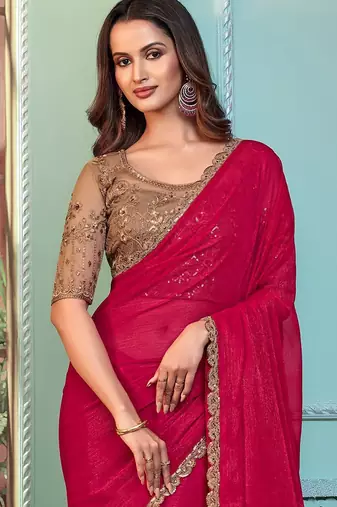 Pink embellished embroidered poly georgette saree