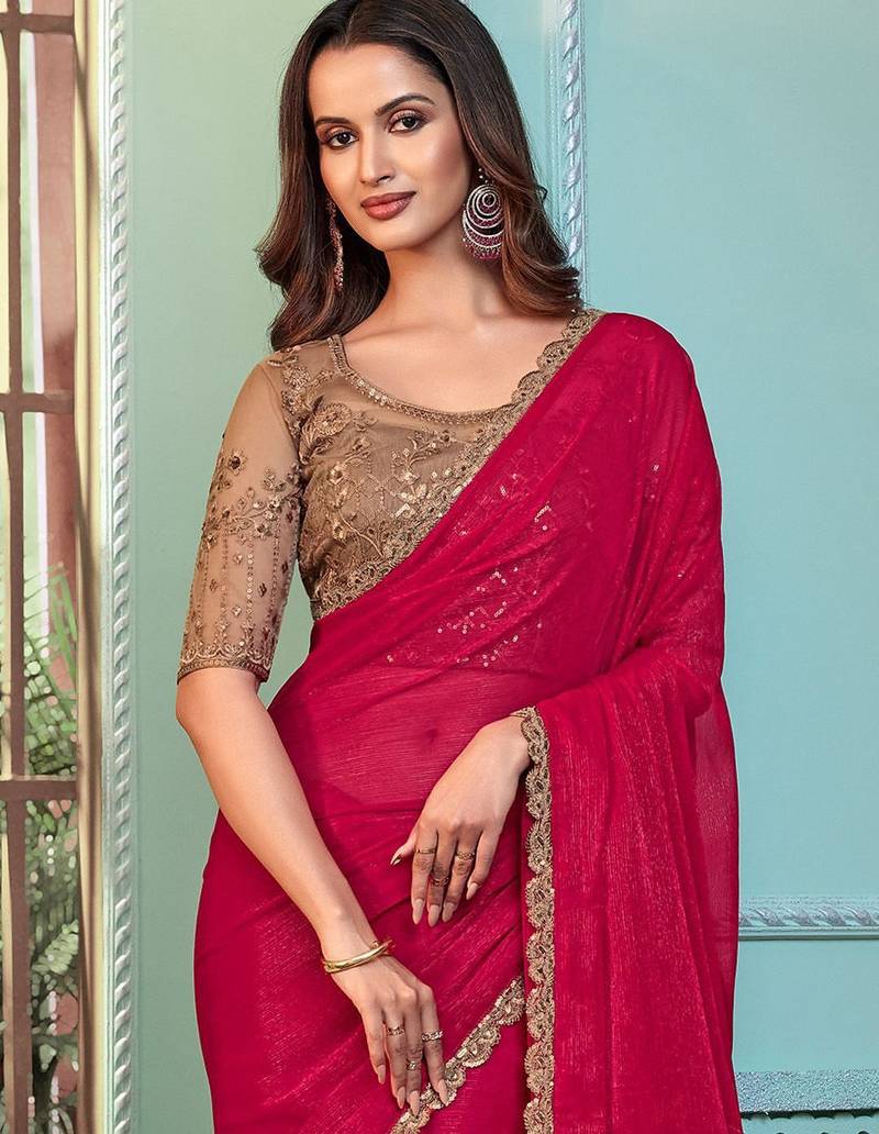 Pink embellished embroidered poly georgette saree
