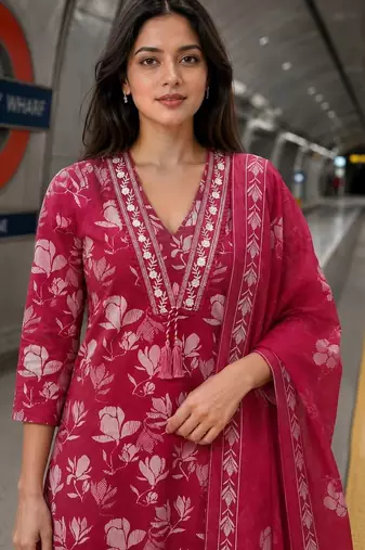 women floral printed thread work  silk kurta with trousers & dupatta