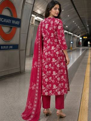 women floral printed thread work  silk kurta with trousers & dupatta 4