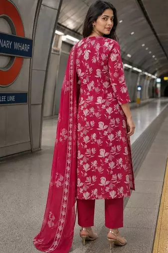 women floral printed thread work  silk kurta with trousers & dupatta