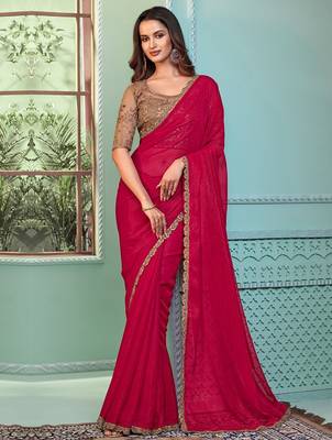 Pink embellished embroidered poly georgette saree 2
