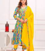 women ethnic motifs printed tiered thread work kurta with trousers & with dupatta