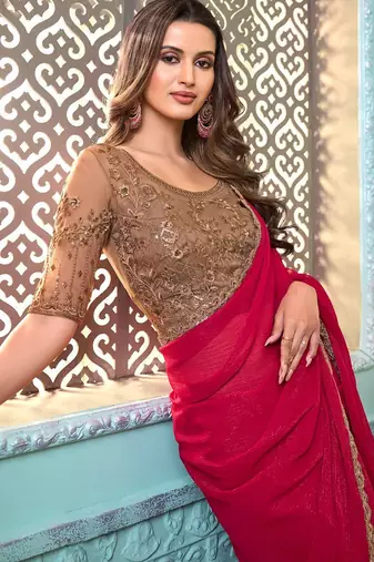 Pink embellished embroidered poly georgette saree