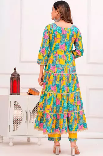 women ethnic motifs printed tiered thread work kurta with trousers & with dupatta
