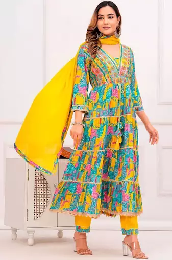 women ethnic motifs printed tiered thread work kurta with trousers & with dupatta