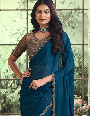 Teal embellished embroidered poly georgette saree 1