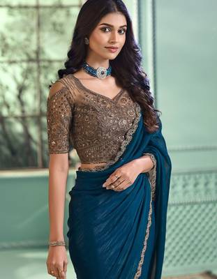 Teal embellished embroidered poly georgette saree 3