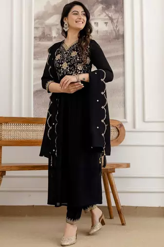 women ethnic motifs embroidered empire sequinned kurta with trousers & with dupatta