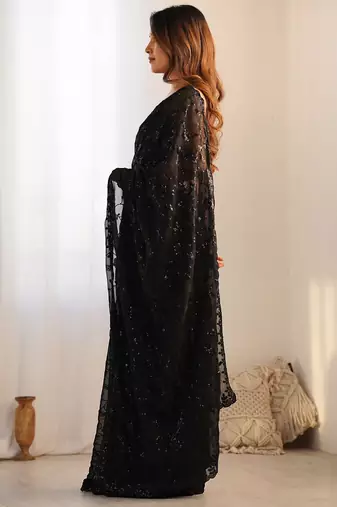 Black embellished sequinned  georgette saree
