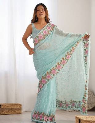 Turquoise embroidered sequinned  georgette saree 2