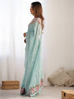 Turquoise embroidered sequinned  georgette saree 3