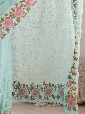 Turquoise embroidered sequinned  georgette saree 5