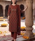 women ethnic motifs printed regular  cotton kurta with trousers & with dupatta