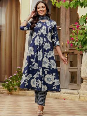 women floral printed pleated  cotton kurta with trousers & with dupatta 6