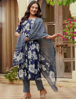 women floral printed pleated  cotton kurta with trousers & with dupatta 7