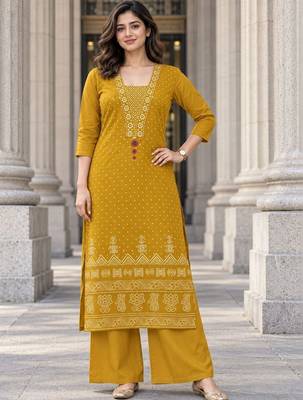 women ethnic motifs printed regular  cotton kurta with palazzos 1