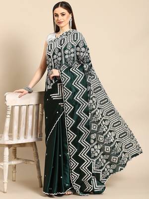 Green green & gold ethnic motifs mirror work satin celebrity saree 1