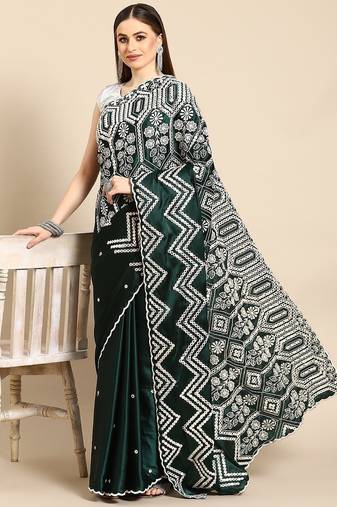 Green green & gold ethnic motifs mirror work satin celebrity saree