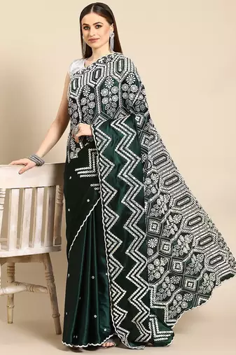 Green green & gold ethnic motifs mirror work satin celebrity saree