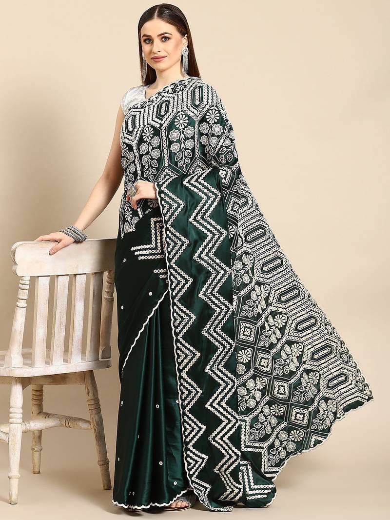 Green green & gold ethnic motifs mirror work satin celebrity saree