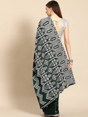 Green green & gold ethnic motifs mirror work satin celebrity saree 2