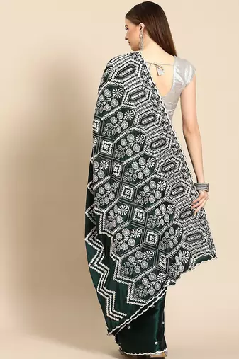 Green green & gold ethnic motifs mirror work satin celebrity saree