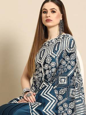 Teal teal blue & white ethnic motifs mirror work satin saree 1