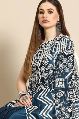 Teal teal blue & white ethnic motifs mirror work satin saree