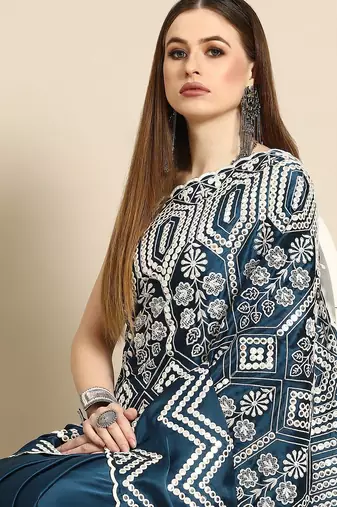 Teal teal blue & white ethnic motifs mirror work satin saree