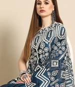 Teal teal blue & white ethnic motifs mirror work satin saree