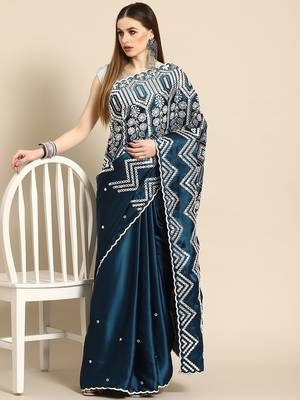 Teal teal blue & white ethnic motifs mirror work satin saree 2