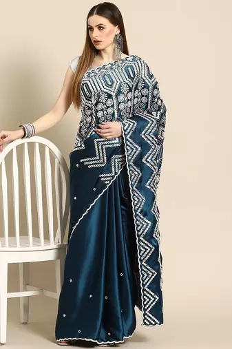 Teal teal blue & white ethnic motifs mirror work satin saree
