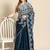 Teal teal blue & white ethnic motifs mirror work satin saree