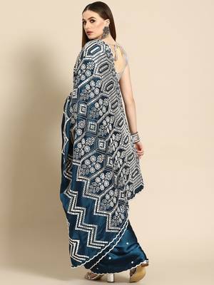 Teal teal blue & white ethnic motifs mirror work satin saree 3
