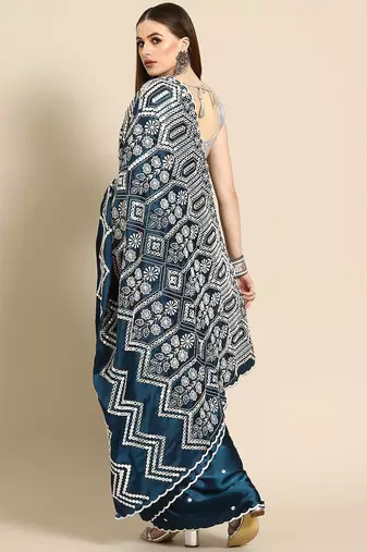 Teal teal blue & white ethnic motifs mirror work satin saree