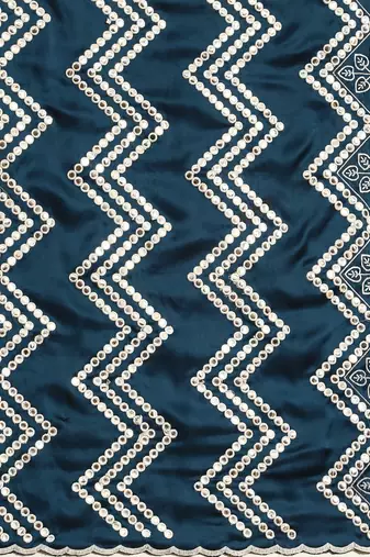 Teal teal blue & white ethnic motifs mirror work satin saree
