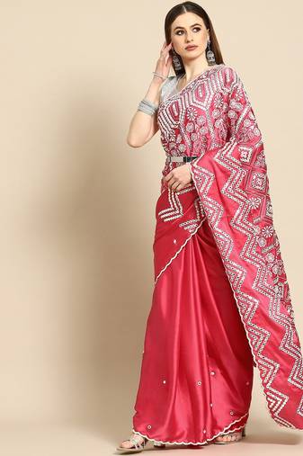 Pink pink & white ethnic motifs mirror work satin saree