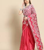 Pink pink & white ethnic motifs mirror work satin saree