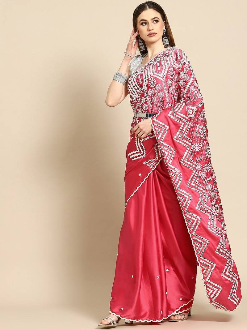 Pink pink & white ethnic motifs mirror work satin saree