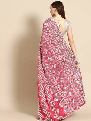 Pink pink & white ethnic motifs mirror work satin saree 2