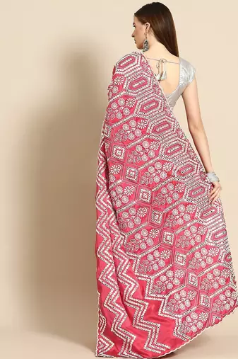 Pink pink & white ethnic motifs mirror work satin saree