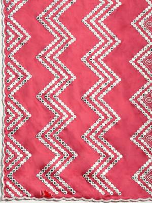 Pink pink & white ethnic motifs mirror work satin saree 4