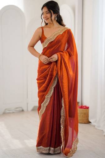 Orange embellished sequinned satin heavy work saree