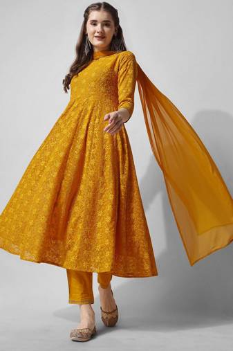 floral embroidered georgette anarkali kurta with trousers & dupatta